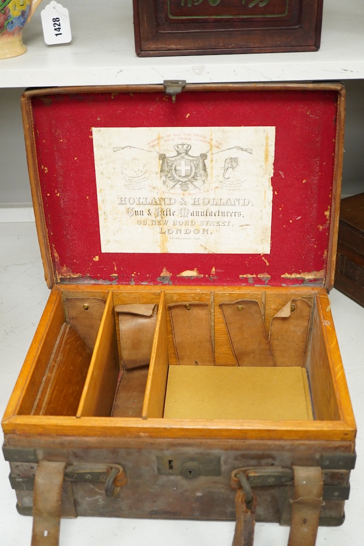 Two late 19th century brown leather magazine cases and another ‘collars’ box, largest 41cm wide